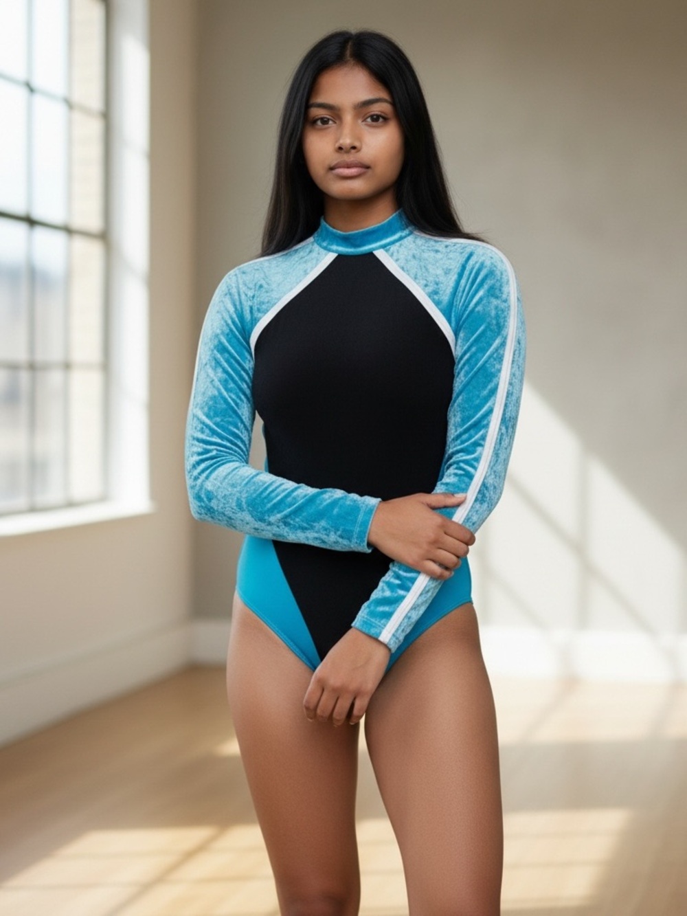 Kids Dance Costume Long-Sleeve Velvet Leotard in Teal and Black